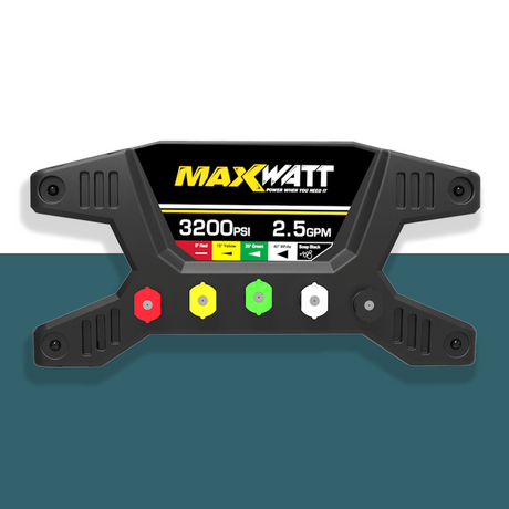 MaxWatt 3200 PSI Pressure Washer Control Panel – A close-up view of the MaxWatt pressure washer control panel with PSI and GPM details, showcasing different nozzle options.