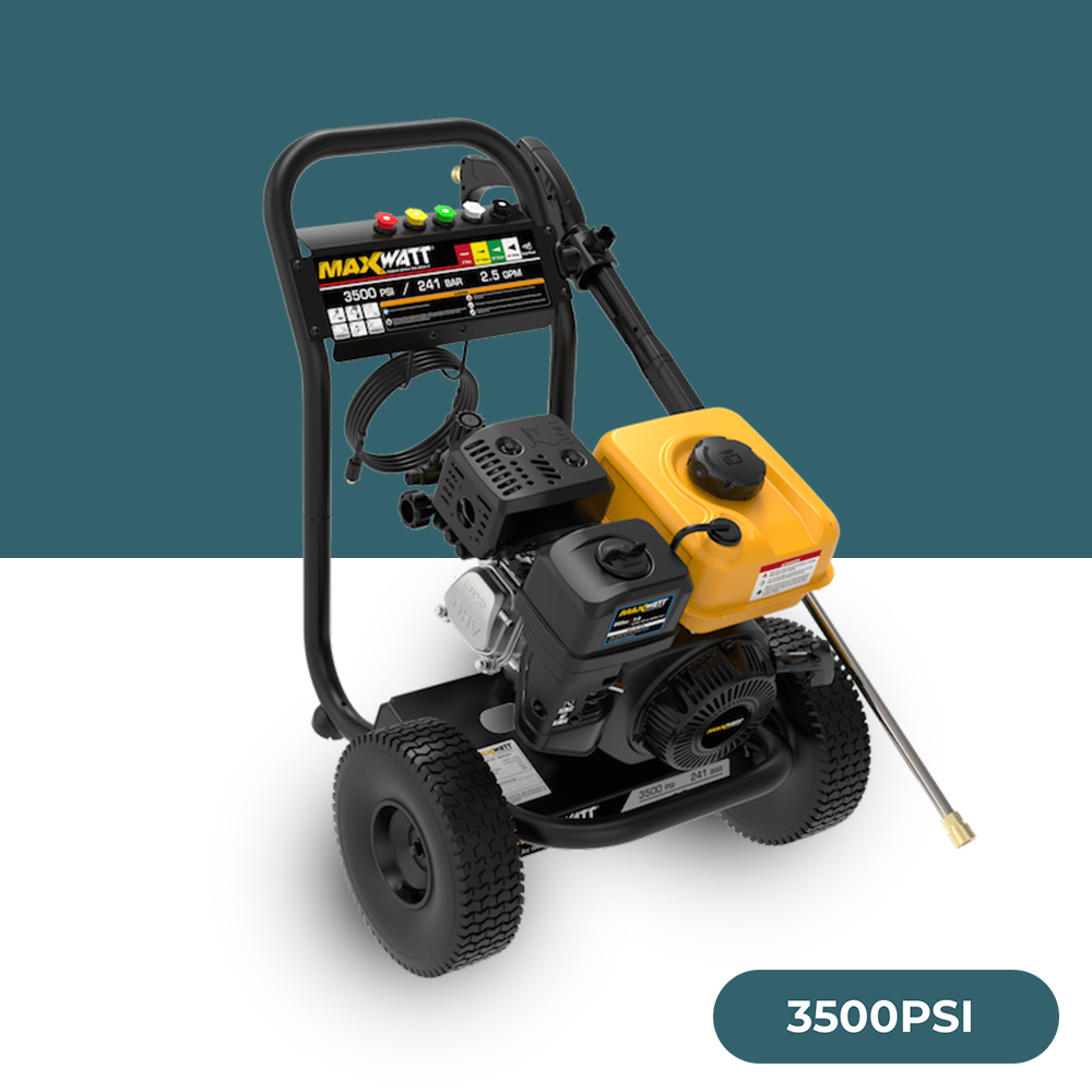 A side view of the MaxWatt 3500 PSI pressure washer, showcasing the fuel tank and nozzle assembly for user convenience.