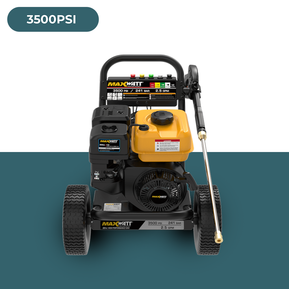 A front-facing view of the MaxWatt 3500 PSI pressure washer, displaying its compact design and stability.