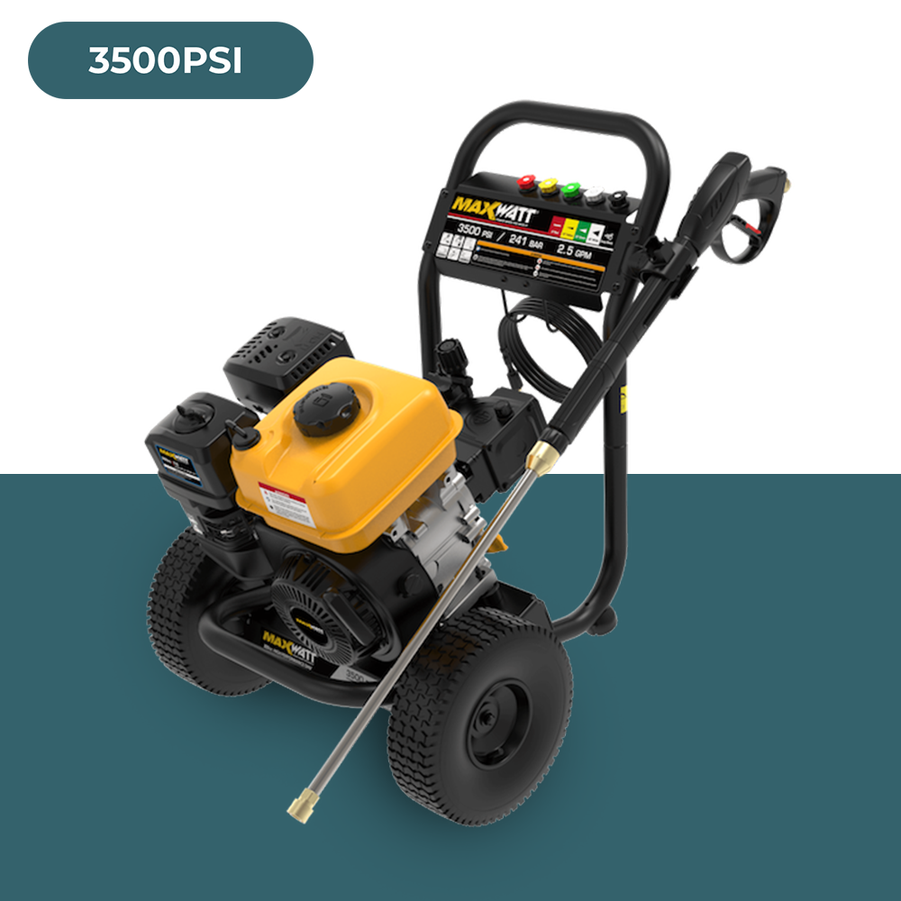 A MaxWatt 3500 PSI pressure washer, shown from an angled view, highlighting its ergonomic handle and hose storage setup.