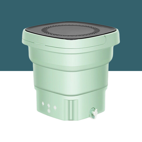 
Compact green collapsible mini washing machine with a black lid on a blue background.