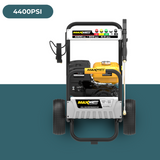 A front-facing view of the MaxWatt 4400 PSI pressure washer, emphasising its robust design and high-pressure output.