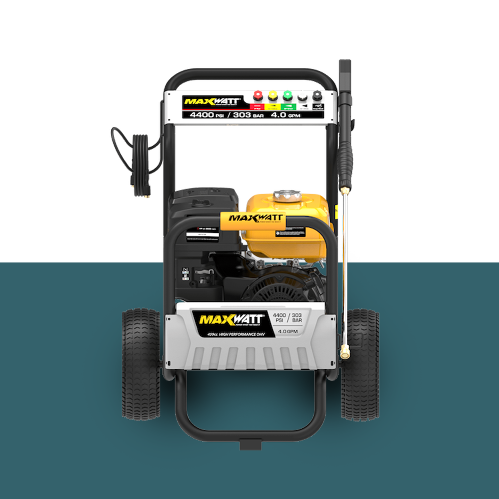 MaxWatt 4400 PSI Petrol-Powered High-Pressure Washer Front View – A heavy-duty pressure washer with a 4400 PSI rating, strong metal frame, and an industrial design.

