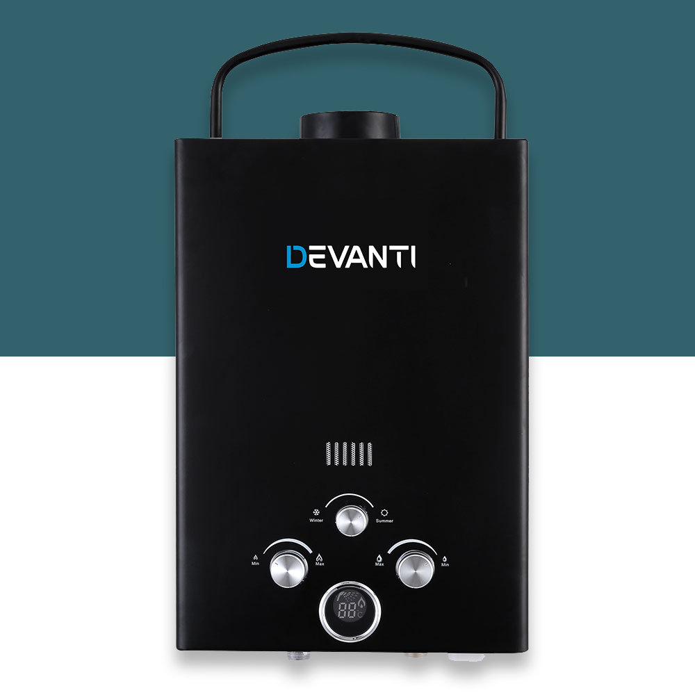 front view of Devanti 8L/Min Portable LPG Gas Water Heater System Without Pump - Black