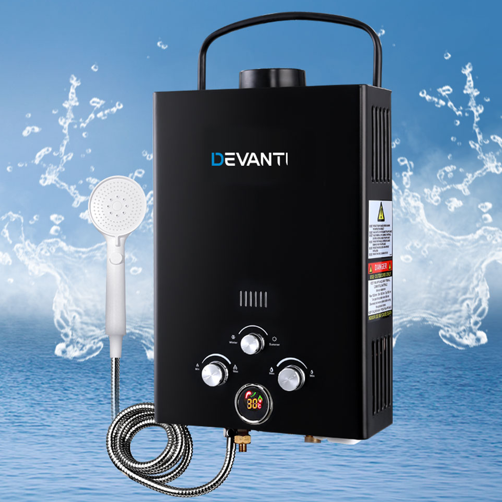 water splashing with Devanti 8L/Min Portable LPG Gas Water Heater System Without Pump - Black