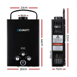 dimensions of Devanti 8L/Min Portable LPG Gas Water Heater System Without Pump - Black