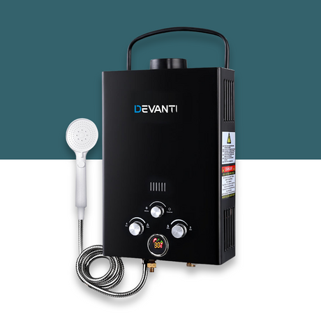 front view of Devanti 8L/Min Portable LPG Gas Water Heater System Without Pump - Black