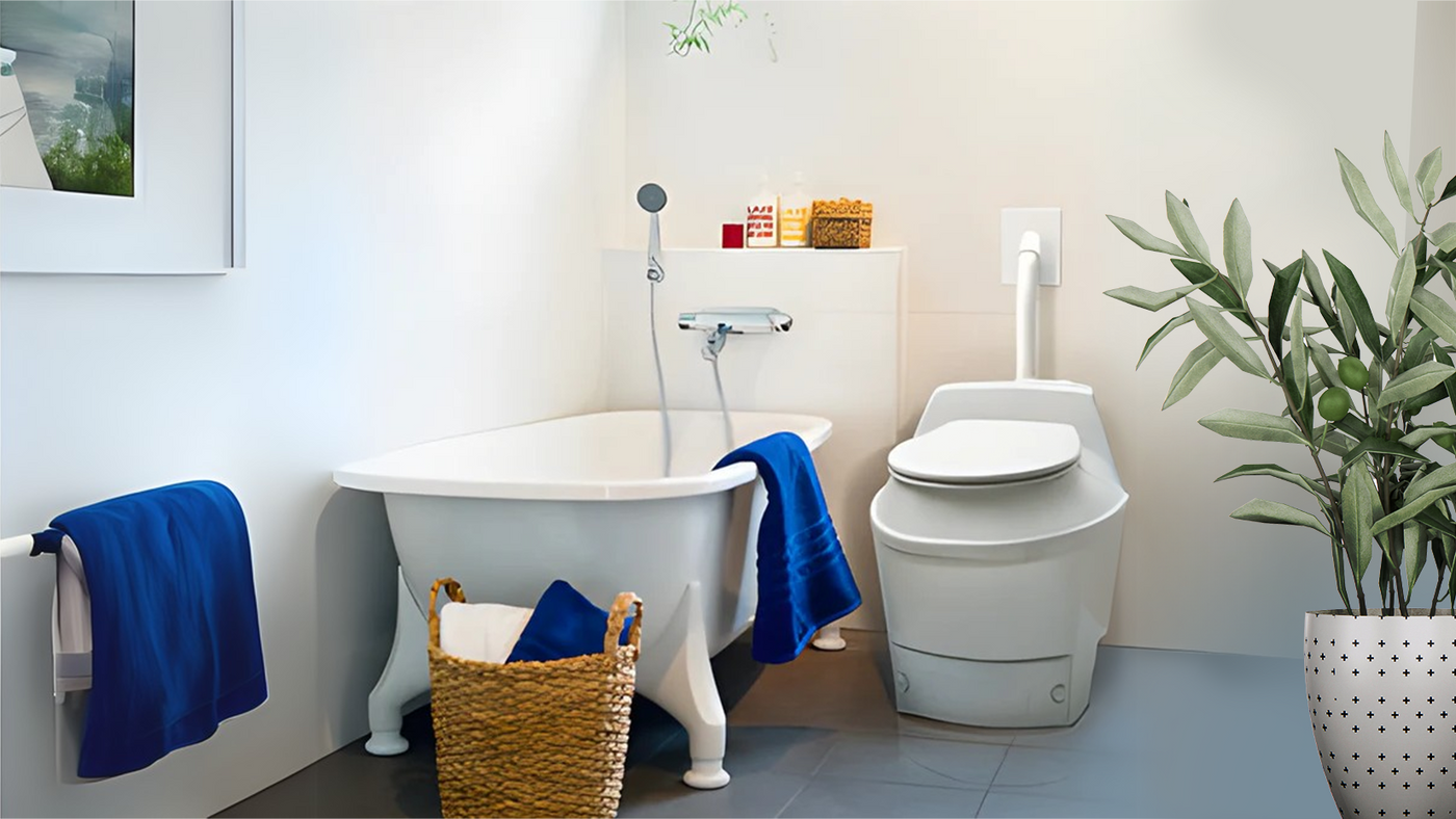 A clean and modern bathroom interior with white and blue accents. The space features a bathtub, a toilet, a sink, and decorative plants, showcasing a refreshing and organized environment.