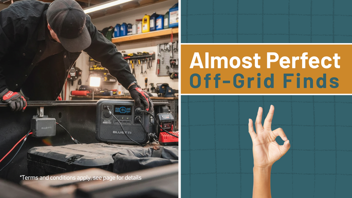 Person working on a vehicle battery in a workshop with text 'Almost Perfect Off-Grid Finds' on a grid background.