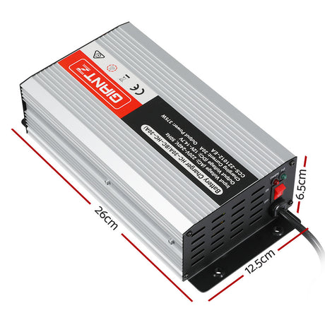 Side angle of the charger with dimensions, illustrating compact size and port placement.