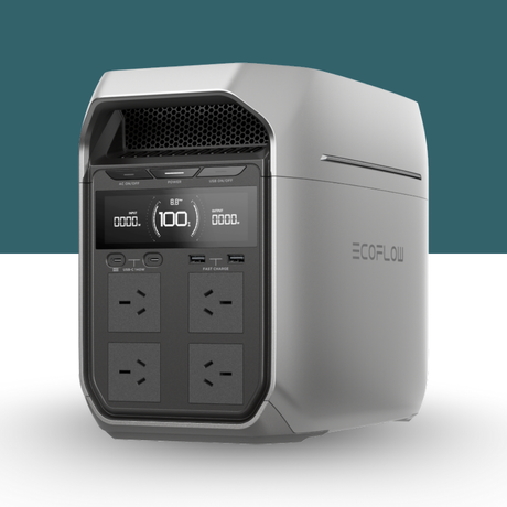 EcoFlow power station with digital display and multiple outlets on a white background