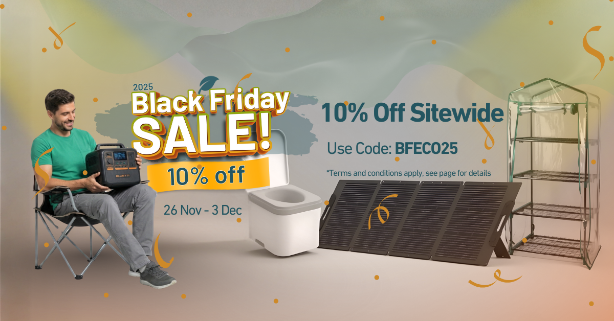 Promotional banner for a Black Friday sale with a man sitting on a chair, a toilet, and air filter.