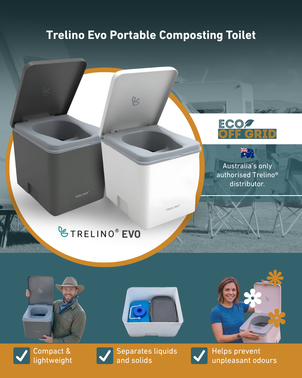 Promotional graphic for the Trelino Evo Portable Composting Toilet, showing two units side by side in dark gray and white. The image includes marketing text, an 'Eco's Off Grid' distributor badge, and three lifestyle inset photos at the bottom showing the product in use.
