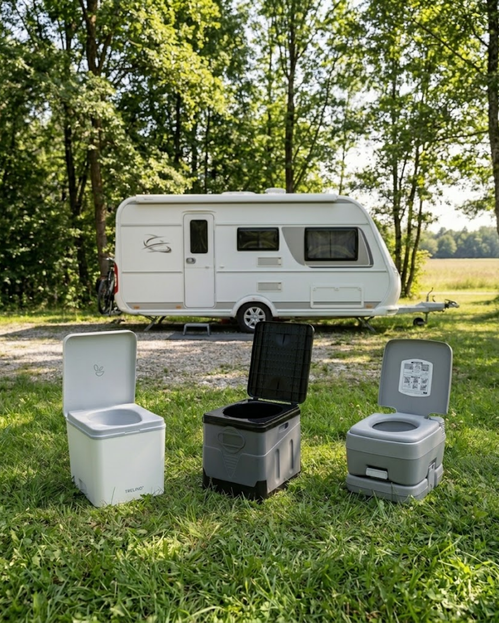 Three portable toilets in different colors (white, gray, and dark gray) are displayed on a grassy campsite in front of a white travel trailer surrounded by trees.