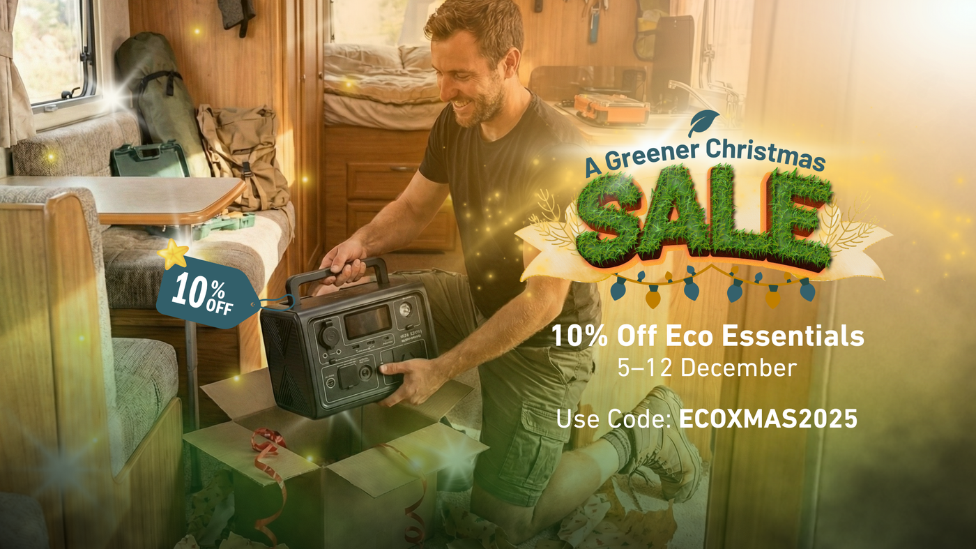 Man in a camper van holding a radio with a promotional banner for a Greener Christmas Sale.