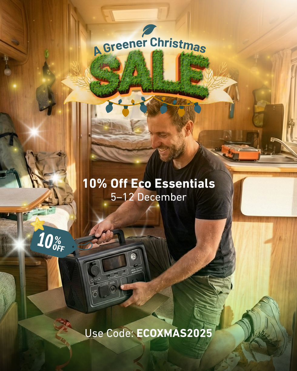 Man holding a portable radio in a camper van with promotional text overlay for a Greener Christmas sale.