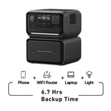 Black power station with icons and text indicating backup time for electronic devices on a white background