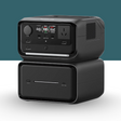 Black power station with digital display and multiple outlets on a white background