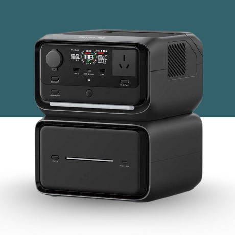 Black power station with digital display and multiple outlets on a white background