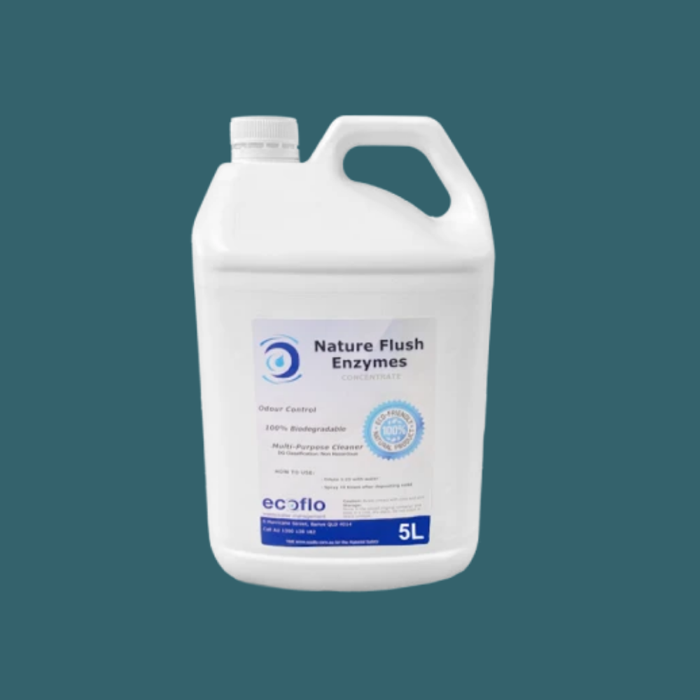 Front view of 5L bottle of Nature Flush Enzymes on a teal background
