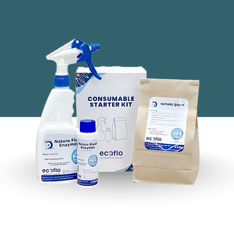 EcoFlo consumable starter kit box with a spray bottle, a powder bottle, and beige packaging components on a white surface.