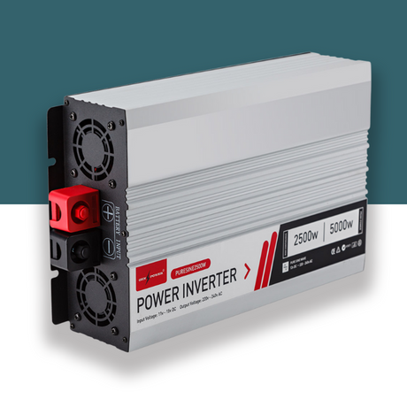 A slightly different angle showing the same power inverter with a clean background. The red terminal and cooling fan details remain prominent.