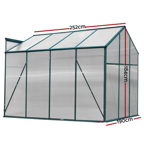 A technical drawing of a greenhouse, including dimensions and structural details, marked with red and blue lines to indicate measurements.

