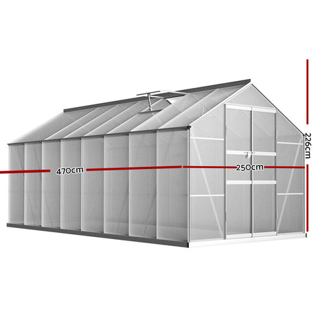 A technical side view of the greenhouse with red lines indicating dimensions and structural features.