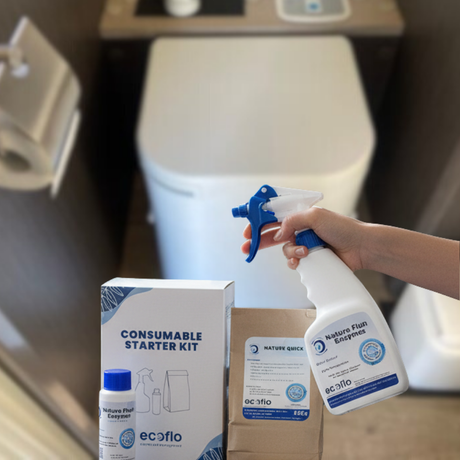 Hand holding a cleaning spray bottle with EcoFlo branding, placed next to a consumable starter kit and packaging in a blurred bathroom background.