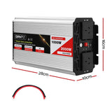 Silver and black 12V power inverter labelled 1000W/2000W with red and black cable; dimensions shown as 26cm x 10cm x 16cm.