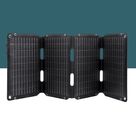 Displays the JumpsPower 40W Portable Foldable Solar Panel fully extended, showcasing its three-panel design. The image focuses on the product's sleek and durable structure, with visible cut-out handles for portability. The setting is clean and minimalist, highlighting the panel's practicality.