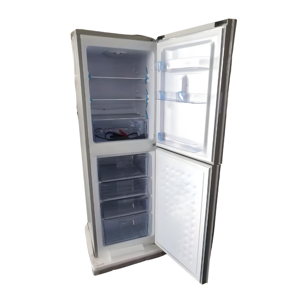 Solazone 12V/24V Solar DC Merchandising Display Fridge (1) – Open two-door fridge in a modern kitchen, showcasing spacious storage compartments and LED lighting.