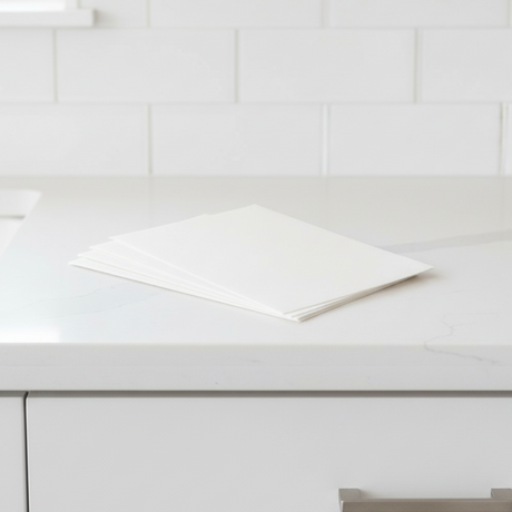 Stack of Separett Tiny® absorb pads placed on a white countertop with tiled background.