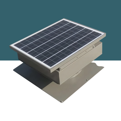 A close-up of a beige solar roof ventilator against a plain blue and white background.