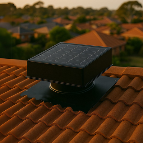 Solar roof ventilator installed on a tiled roof overlooking an Australian suburban neighbourhood at sunset.