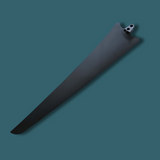 Single black turbine blade on a teal background, showing its sleek aerodynamic shape.
