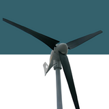 Front view of a three-blade wind turbine against a split teal and white background.

