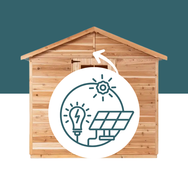 A wooden garden shed with a white circular graphic overlay showing a solar-powered light bulb and solar panel icon, set against a split dark teal and white background.