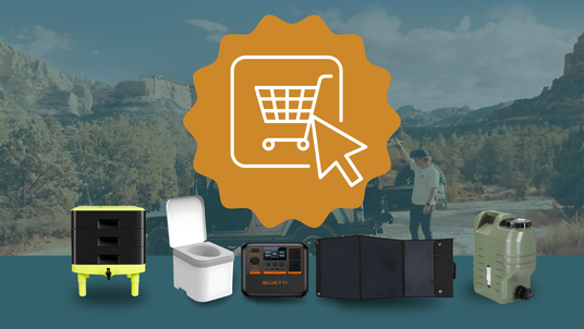 Outdoor living equipment with a shopping cart icon overlay on a scenic background