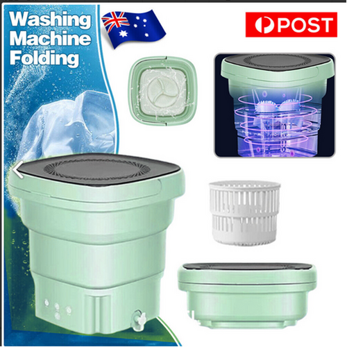 Retail product listing with packaging, specifications, and multiple views of the mini washing machine.