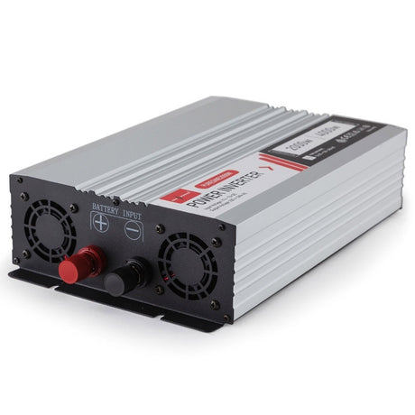 A side-angled view of the GenPower power inverter, highlighting its dual cooling fans, red and black connection terminals, and durable silver casing.