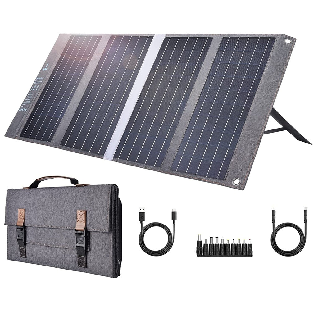 A close-up of the solar panel’s advanced cell technology, paired with included accessories like connector cables and clips.