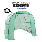 A PE mesh dome greenhouse measuring 300cm x 200cm x 200cm. Labelled as "Cover Only," suitable for plant protection