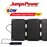 A graphic showing the JumpsPower 60W portable solar panel folded and unfolded, emphasizing its portability and compact size.