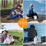 A collage of outdoor lifestyle shots with people using the solar panel for camping, illustrating its utility and portability.