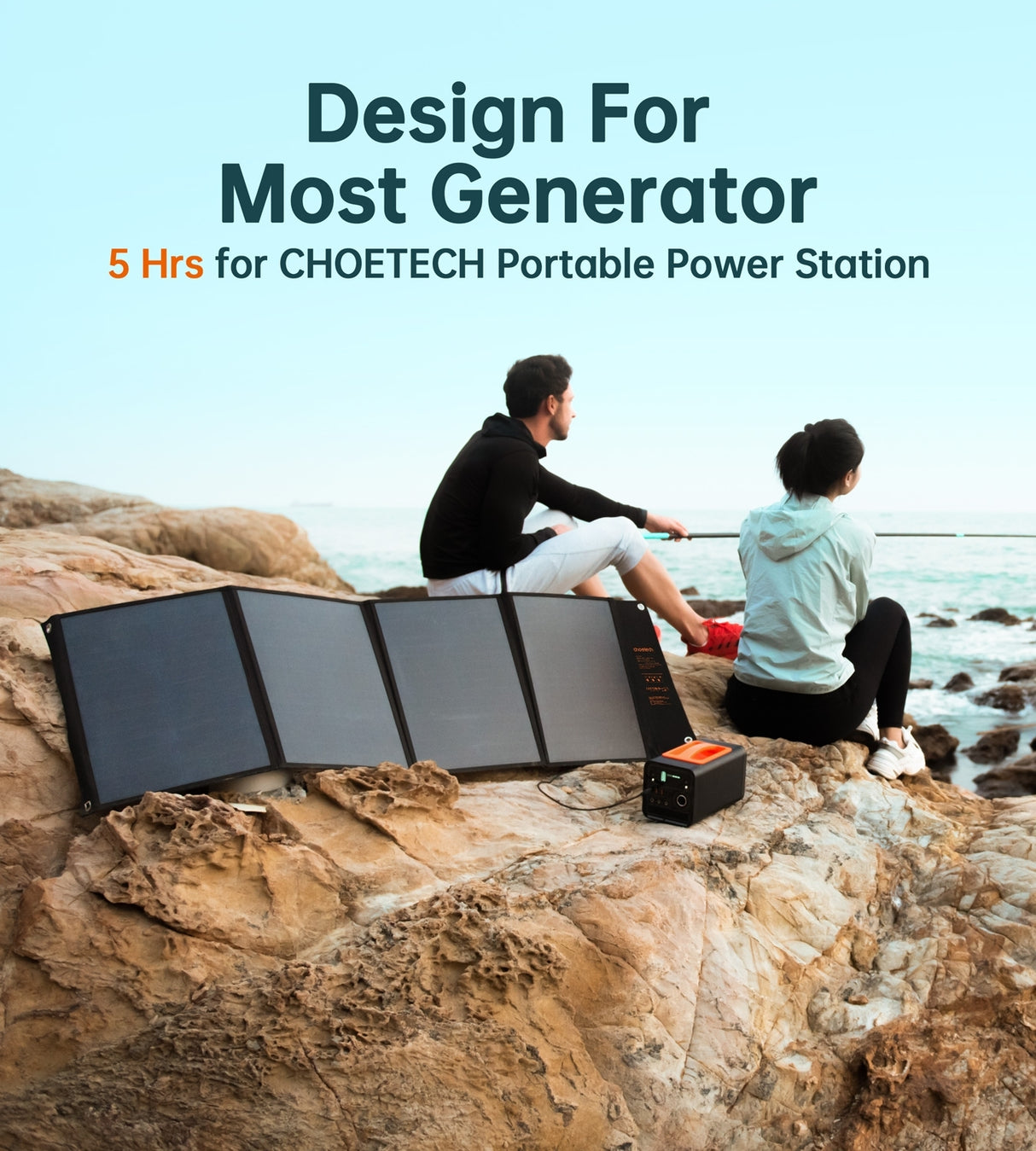 The solar panel set up outdoors, paired with a generator, demonstrating compatibility with most generator models for reliable power during adventures.