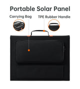 A folded solar panel in its portable carrying bag, highlighting its compact size and portability for on-the-go use.