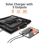 A diagram showcasing the solar panel’s three output ports, including USB and DC options, providing flexible charging for multiple devices.