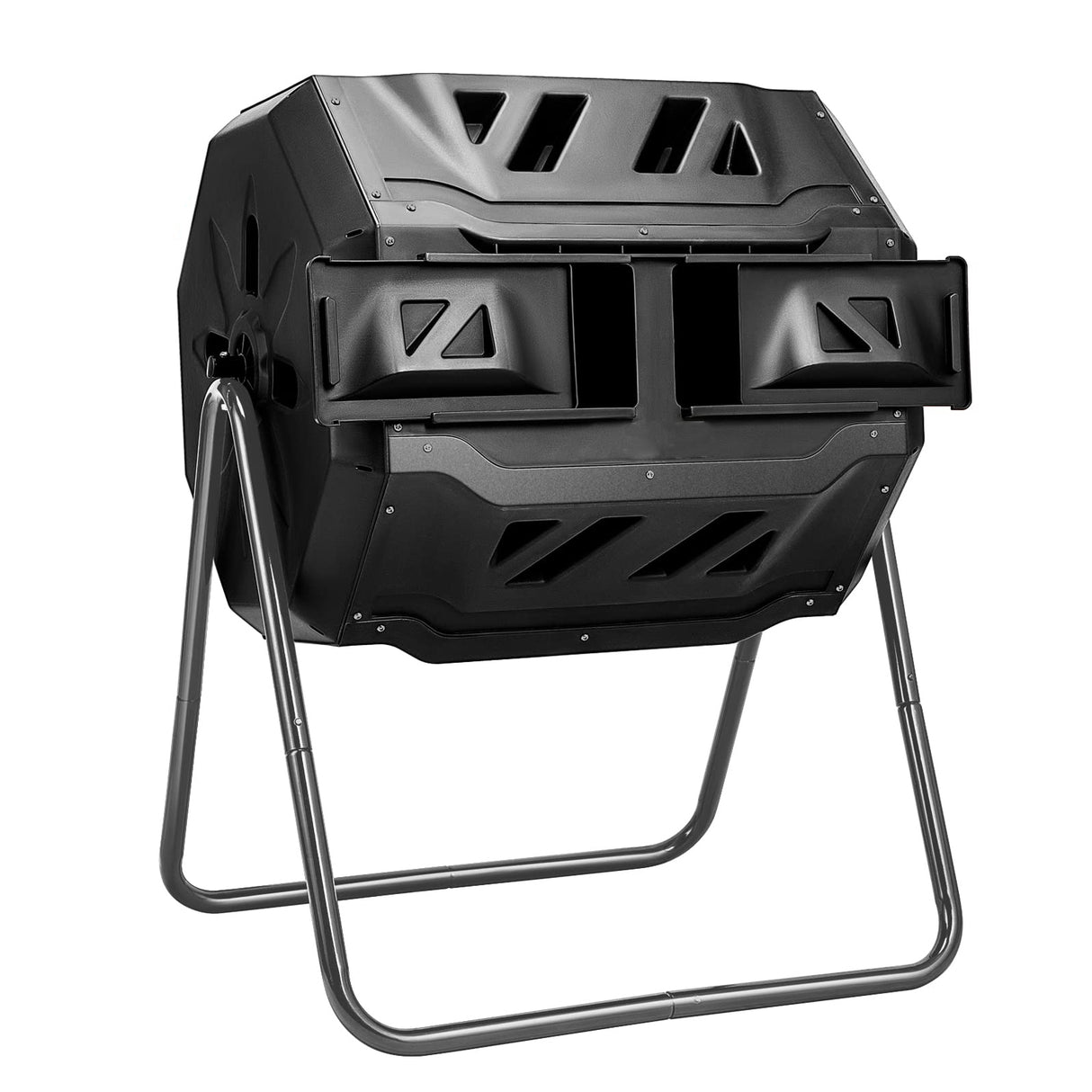 Rear view of the compost tumbler, showcasing its robust design and dual compartments for efficient composting.