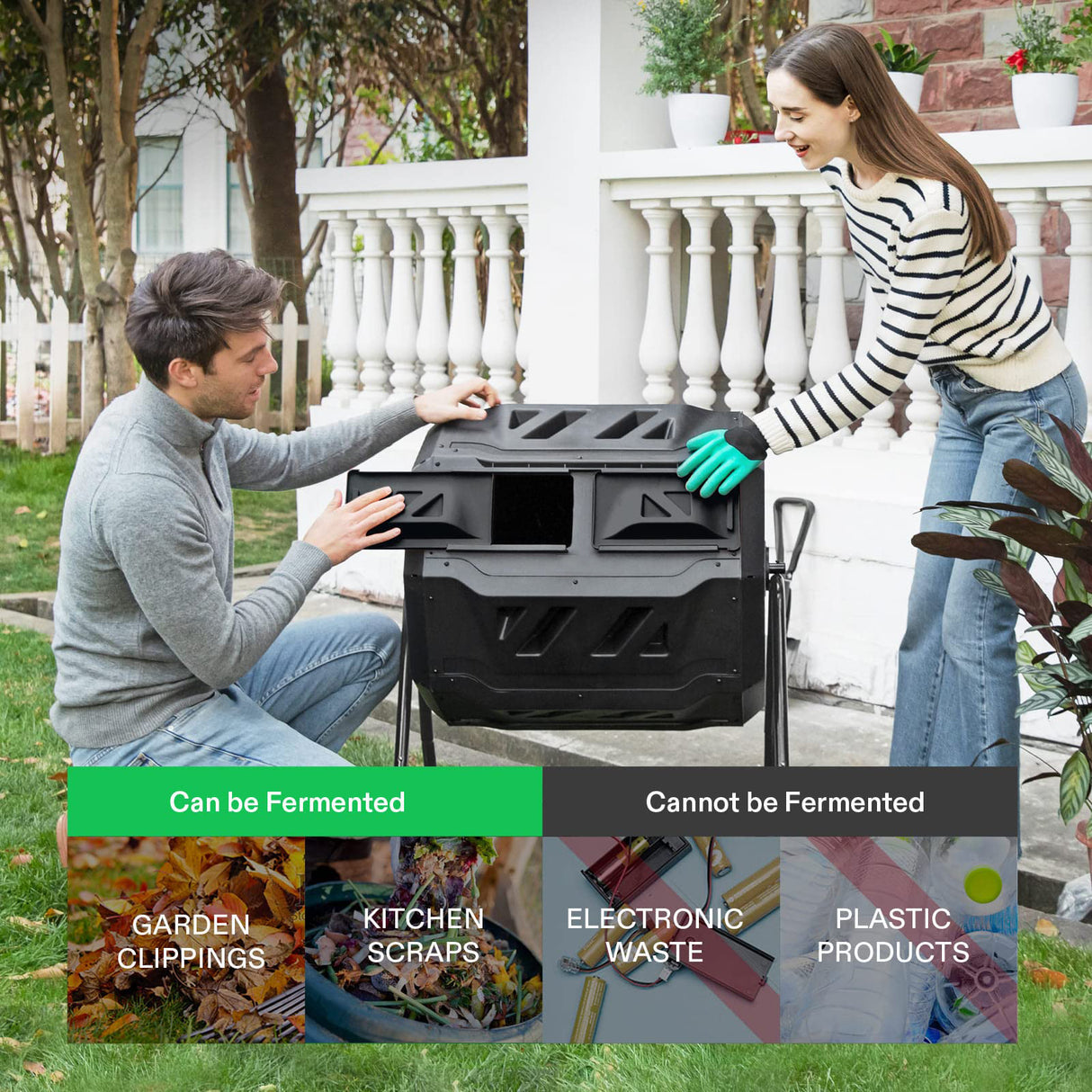 A lifestyle image showing a family using the compost tumbler in a backyard setting, emphasizing its user-friendly design and suitability for home gardens.